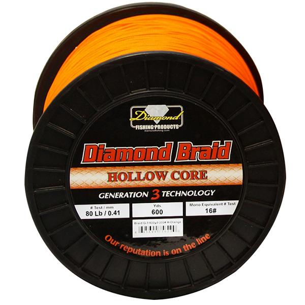 Momoi Diamond Gen 3 Braided Line - 80 Pounds 600 Yards - Hollow Core -  Orange