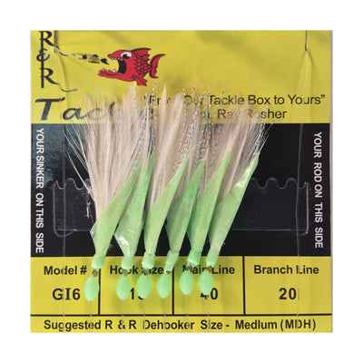 R&R Tackle Large Bait Rig With White Feather And Glow Fish Skin - 6 Hooks Size 15 - Bulluna.com