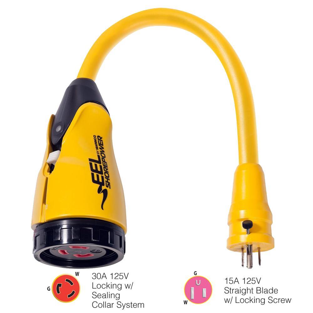 Marinco P15-30 EEL 30A-125V Female to 15A-125V Male Pigtail Adapter - Yellow [P15-30] - Bulluna.com