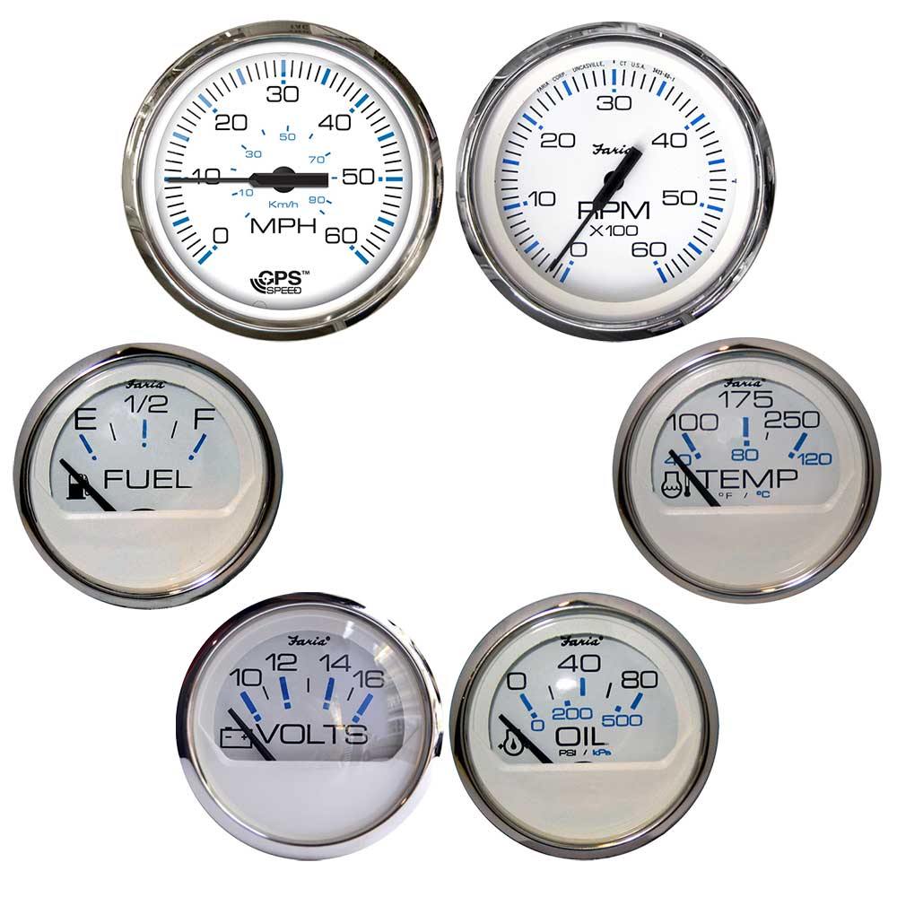 Faria Chesapeake White w/Stainless Steel Bezel Boxed Set of 6 - Speed, Tach, Fuel Level, Voltmeter, Water Temperature  Oil PSI - Inboard Motors [KTF063] - Bulluna.com