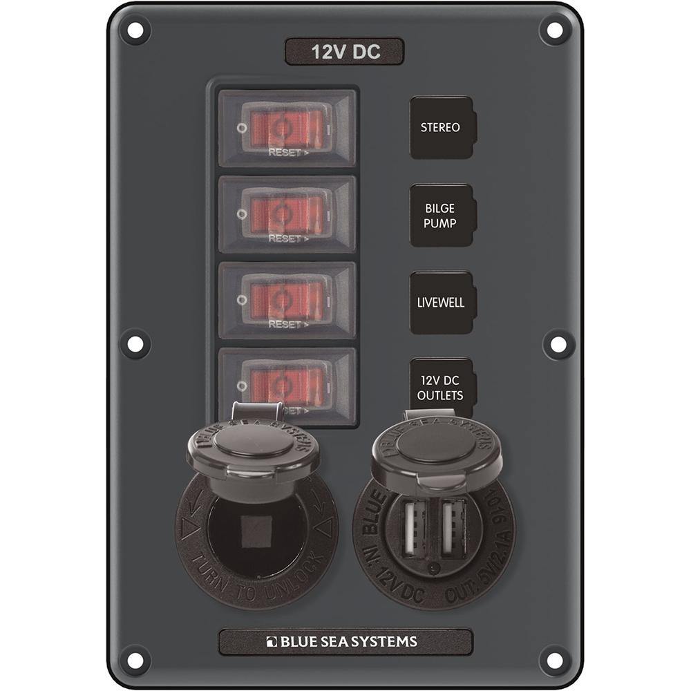 Blue Sea 4321 Circuit Breaker Switch Panel 4 Position - Gray w/12V Socket  Dual USB [4321] - Bulluna.com