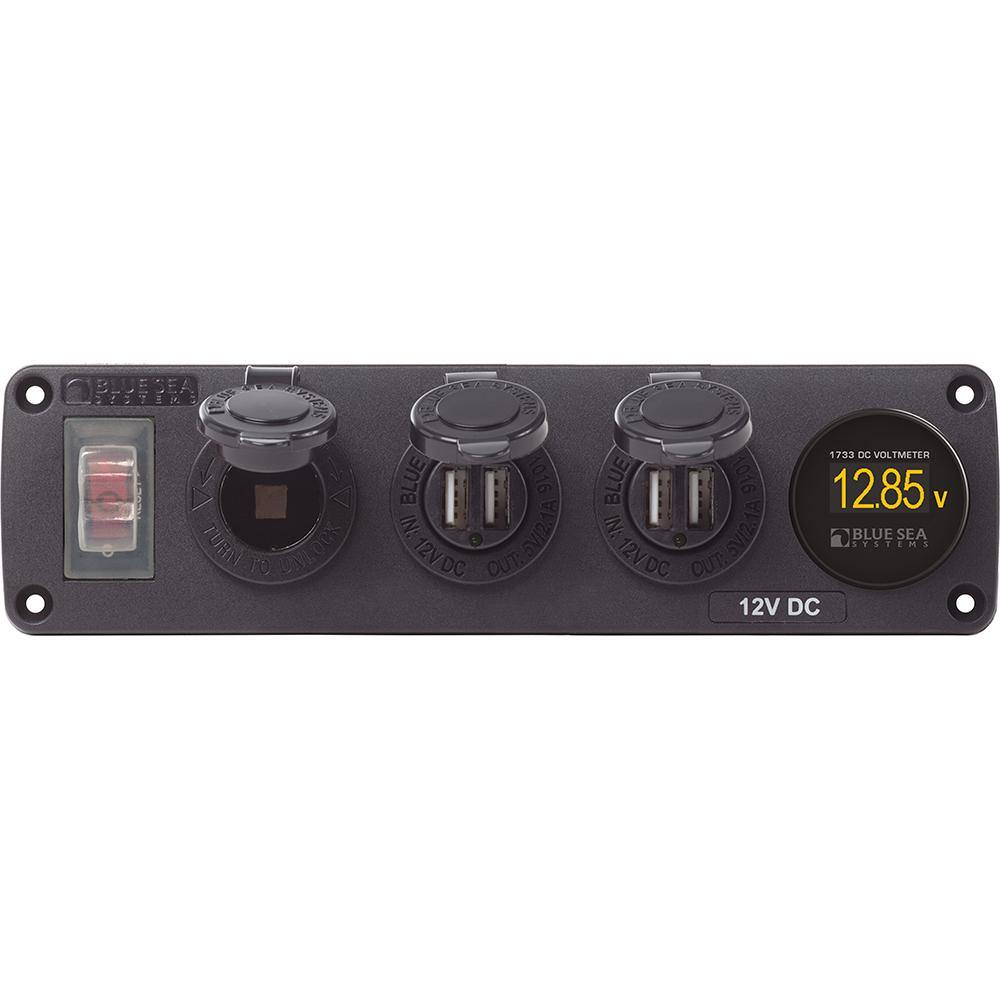 Blue Sea 4368 Water Resistant USB Accessory Panel - 12V Socket, 2x 2.1A Dual USB Chargers, Mini Voltmeter [4368] - Bulluna.com