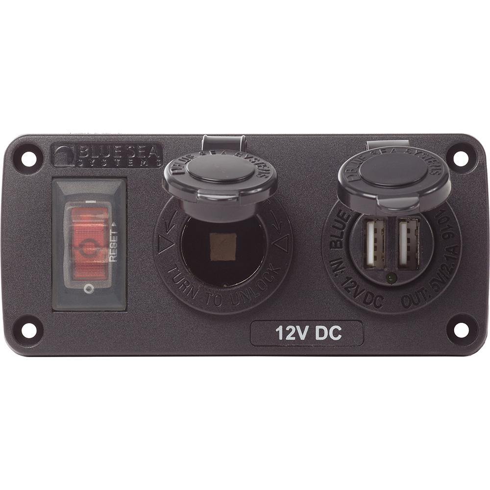 Blue Sea 4363 Water Resistant USB Accessory Panels - 15A Circuit Breaker, 12V Socket, 2.1A Dual USB Charger [4363] - Bulluna.com
