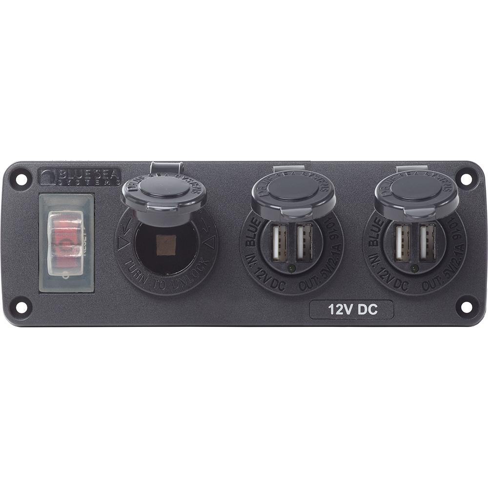 Blue Sea 4365 Water Resistant USB Accessory Panel - 15A Circuit Breaker, 12V Socket, 2x 2.1A Dual USB Chargers [4365] - Bulluna.com