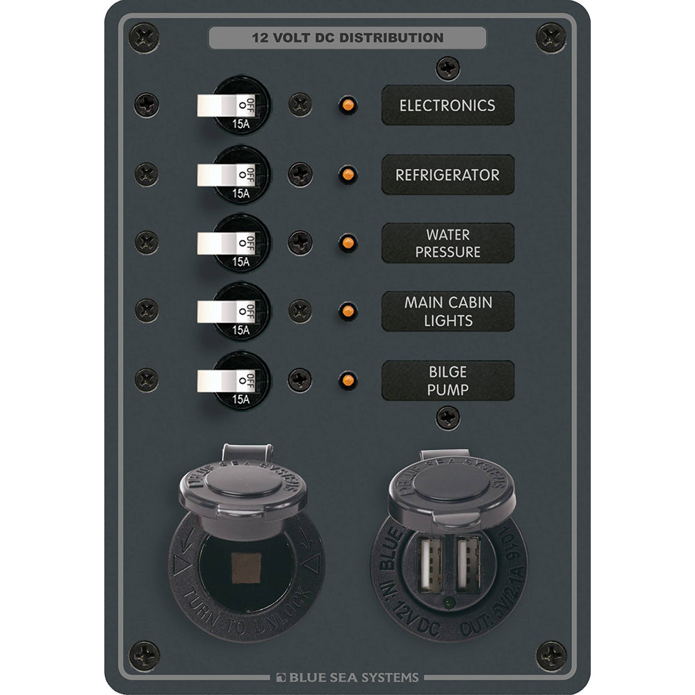 Blue Sea 8120 Breaker Panel 5 Position w/DC Socket  Dual USB [8120] - Bulluna.com