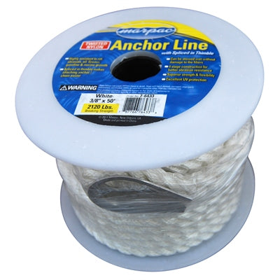 Marpac Twisted Nylon Anchor Line - 3/8 Inches x 50 Feet - 660 Pounds - White - Bulluna.com