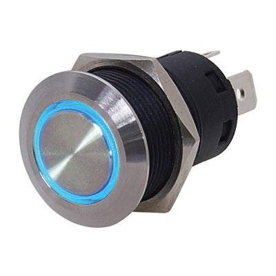 Marpac L.E.D. Stainless Steel Push Button Switch - Self-Locking - Blue LED Ring - Bulluna.com