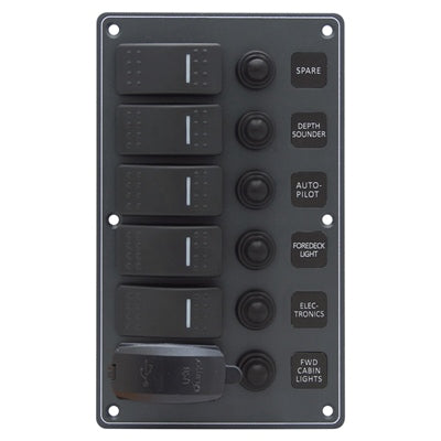 Marpac Water Resistant Aluminum Switch Panel With USB Charger - 5 Switches - 4-31/64 x 7-33/64 Inches - Bulluna.com