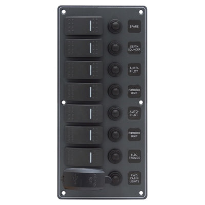 Marpac Water Resistant Aluminum Switch Panel With USB Charger - 7 Switches - 4-31/64 x 9-3/8 Inches - Bulluna.com