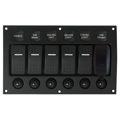 Marpac Water Resistant Curved Aluminum Switch Panel With USB Charger - 5 Switches - 4-31/64 x 7-33/64 Inches - Bulluna.com